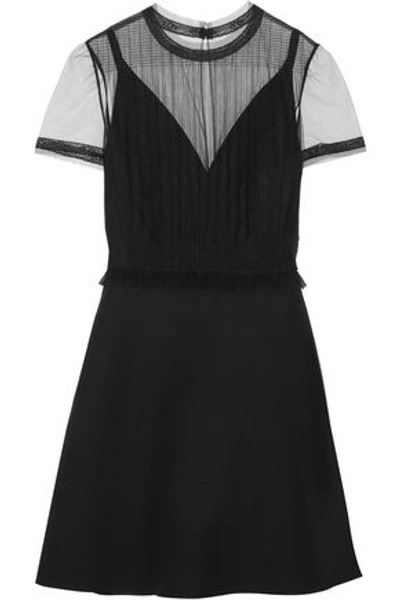 Shop Valentino Woman Pleated Tulle-paneled Wool And Silk-blend Mini Dress Black