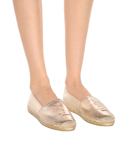 Shop Saint Laurent Monogram Leather Espadrilles In Gold