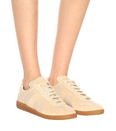 Shop Maison Margiela Replica Leather And Suede Sneakers In Beige