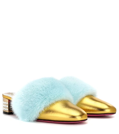 Shop Gucci Fur-trimmed Leather Mules In Gold