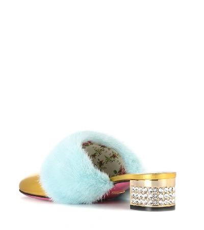 Shop Gucci Fur-trimmed Leather Mules In Gold