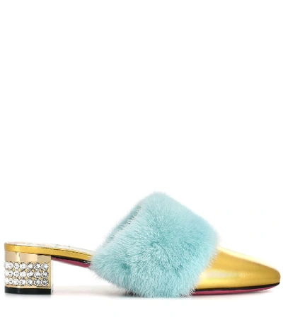 Shop Gucci Fur-trimmed Leather Mules In Gold