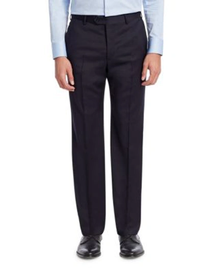 Shop Emporio Armani Navy Wool Trousers In Solid Dark