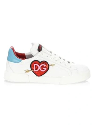 Shop Dolce & Gabbana Glitter Heart Logo Leather Sneakers In White