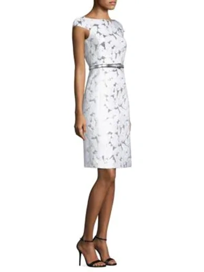 Shop Michael Kors Belted Palm Brocade Dress In White Silver