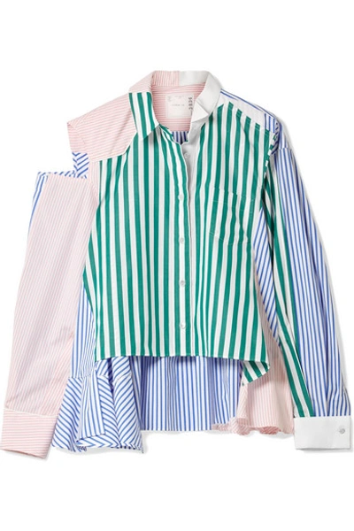Shop Sacai Cutout Patchwork Striped Cotton-poplin Shirt In Green