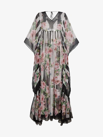 Shop Dolce & Gabbana Silk Rose Print Maxi Kaftan Dress In Black