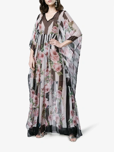 Shop Dolce & Gabbana Silk Rose Print Maxi Kaftan Dress In Black