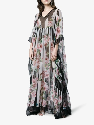 Shop Dolce & Gabbana Silk Rose Print Maxi Kaftan Dress In Black