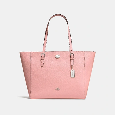 Shop Coach Turnlock Tote In Peony/silver