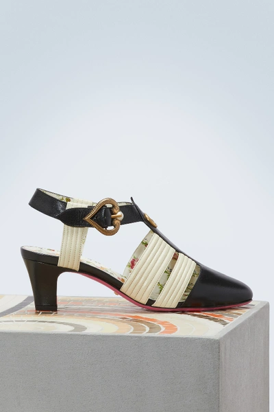 Shop Gucci Leather Mid-heel T-strap Sandal In Black/vintage White