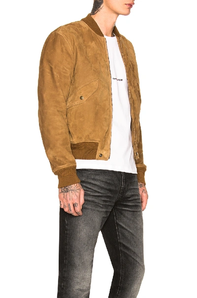 Shop Saint Laurent Full Zip Suede Jacket In Brown