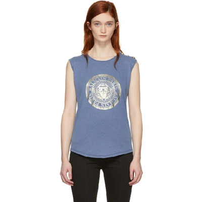 Shop Balmain Blue Sleeveless Coin Logo T-shirt In C5829 Bleu