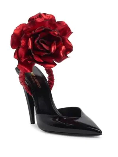 Shop Saint Laurent Freja Flower-applique Patent Leather Pumps In Noir Rogue