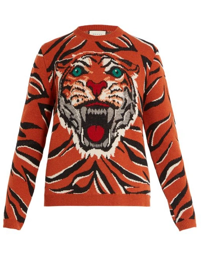 Gucci - Embroidered Tiger-Intarsia Wool Sweater - Men - Orange Gucci