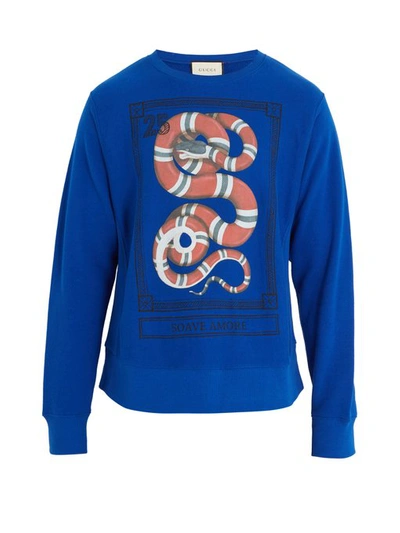 Gucci Snake Stamp Graphic Crewneck Sweatshirt In Blue Multi | ModeSens
