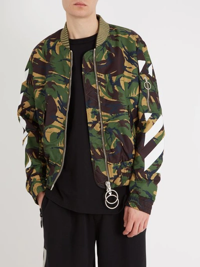 OFF-WHITE: Off White hooded bomber jacket with logo - Green
