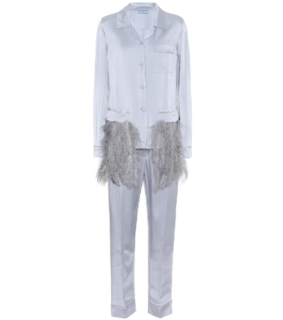 Shop Prada Feather-trimmed Satin Pyjamas In Blue