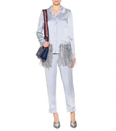 Shop Prada Feather-trimmed Satin Pyjamas In Blue