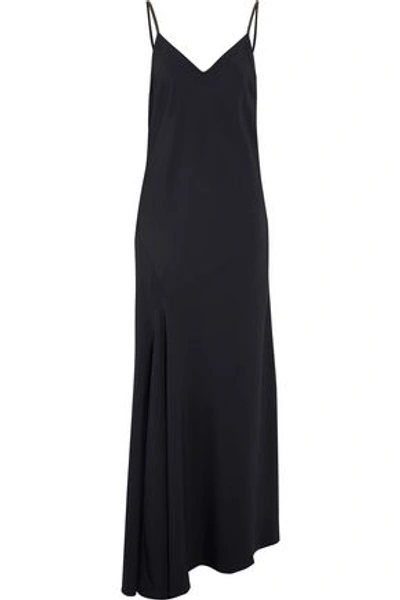 Shop Brunello Cucinelli Woman Asymmetric Bead-embellished Crepe Maxi Dress Midnight Blue