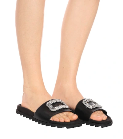 Shop Roger Vivier Pool Slidy Leather Slides In Black