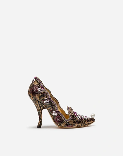 Shop Dolce & Gabbana Jaquard Pumps With Embroidery In Gold