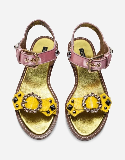 Shop Dolce & Gabbana Sandal In Iguana Print Calfskin And Satin With Appliqués In Yellow