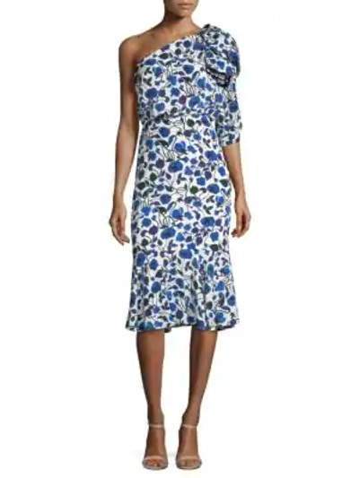 Shop Saloni Juliet Silk Flounce Dress In Forget Me Not