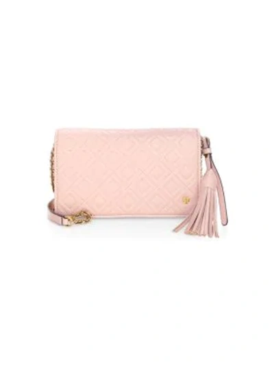 Shop Tory Burch Fleming Flat Leather Crossbody Wallet In Shell Pink