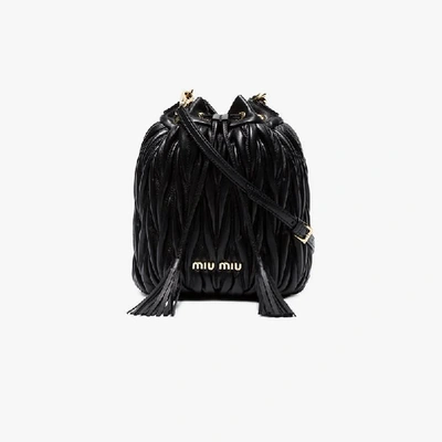 Shop Miu Miu Black Matelassé Leather Bucket Bag