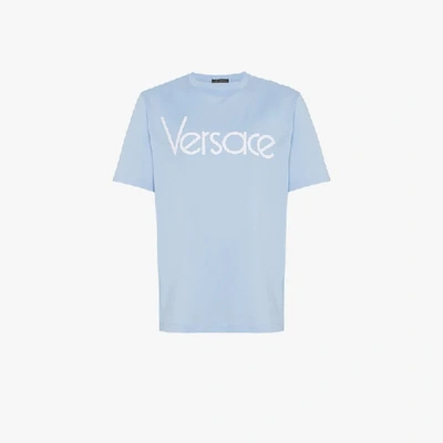 Shop Versace Logo Print T Shirt In Blue