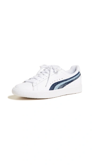 Shop Puma Clyde Denim Leather Sneakers In  White