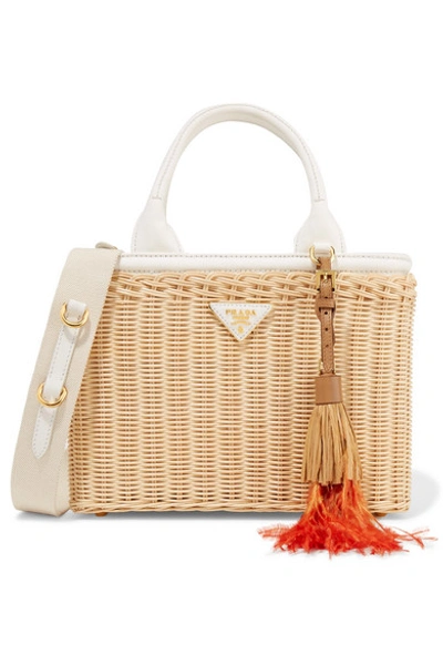 Shop Prada Midollino Tasseled Canvas And Leather-trimmed Wicker Tote