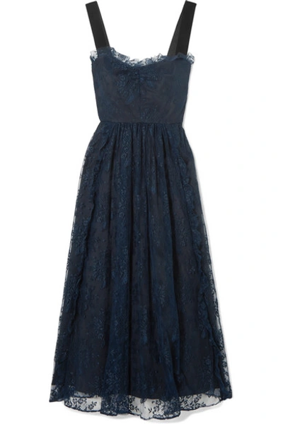 Shop Alexa Chung Gathered Velvet-trimmed Chantilly Lace Midi Dress In Midnight Blue