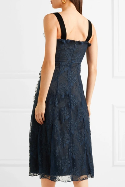 Shop Alexa Chung Gathered Velvet-trimmed Chantilly Lace Midi Dress In Midnight Blue