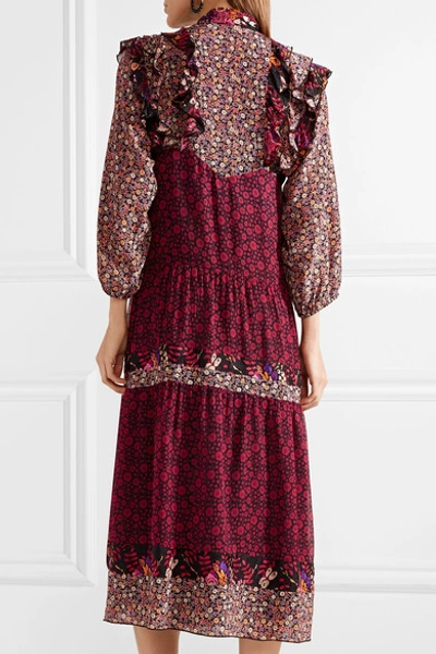 Shop Anna Sui Butterflies And Bells Ruffled Printed Silk-jacquard Dress In Purple