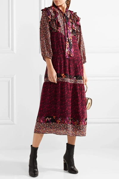 Shop Anna Sui Butterflies And Bells Ruffled Printed Silk-jacquard Dress In Purple