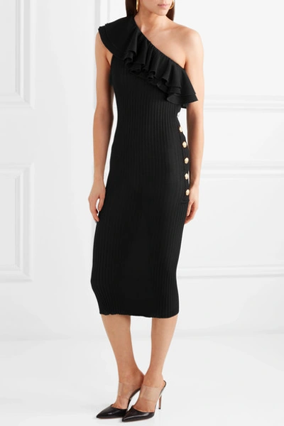 Shop Balmain Ruffled One-shoulder Ribbed-knit Midi Dress In Black
