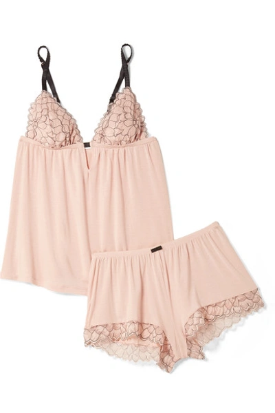 Shop Eberjey Rosario Corded Lace-trimmed Stretch-modal Jersey Pajama Set In Blush