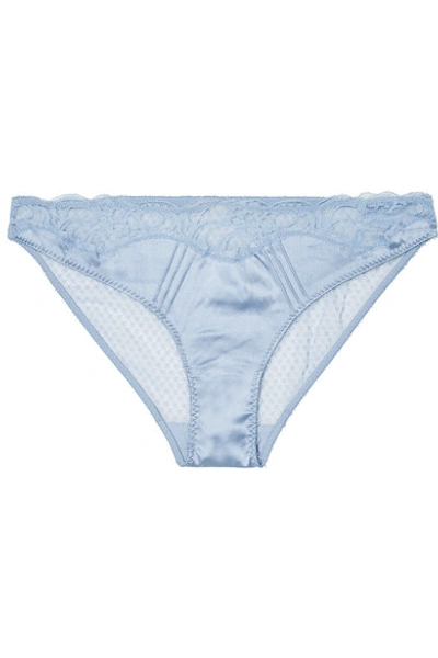 Shop Stella Mccartney Eloise Enchanting Lace-trimmed Stretch-satin And Mesh Briefs In Sky Blue