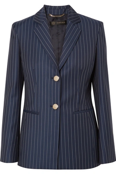 Shop Versace Striped Wool-twill Blazer In Navy
