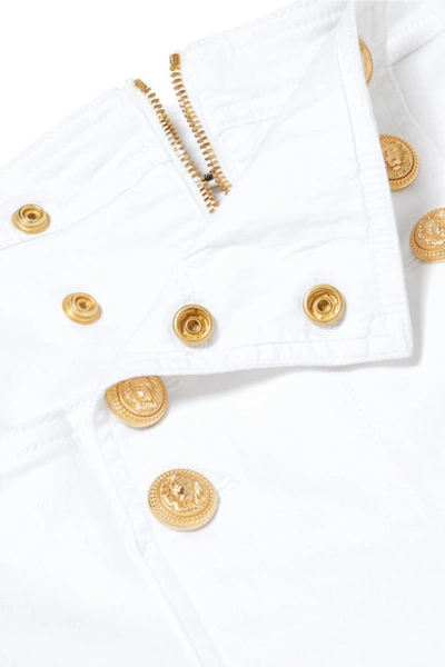 Shop Balmain Button-embellished High-rise Skinny Jeans In White