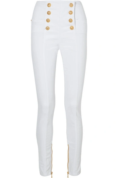 Shop Balmain Button-embellished High-rise Skinny Jeans In White