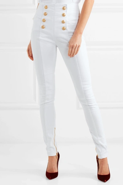 Shop Balmain Button-embellished High-rise Skinny Jeans In White