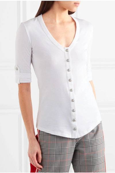 Shop Balmain Button-embellished Cotton-jersey Top In White