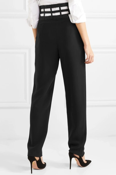 Shop Giorgio Armani Cutout Satin-trimmed Silk-crepe Straight-leg Pants In Black