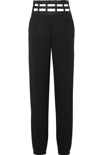 Shop Giorgio Armani Cutout Satin-trimmed Silk-crepe Straight-leg Pants In Black