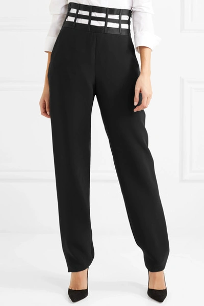 Shop Giorgio Armani Cutout Satin-trimmed Silk-crepe Straight-leg Pants In Black