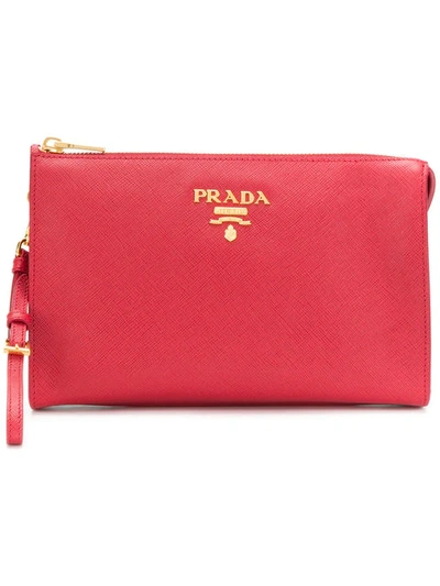 Shop Prada Logo Clutch Bag - Red