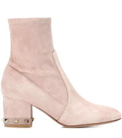 Shop Valentino Rockstud Suede Ankle Boots In Beige